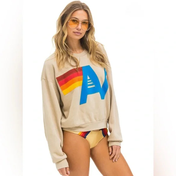 NWT Aviator Nation Logo Stitch Relaxed Crew Sweatshirt - Sand - size medium - Picture 6 of 7
